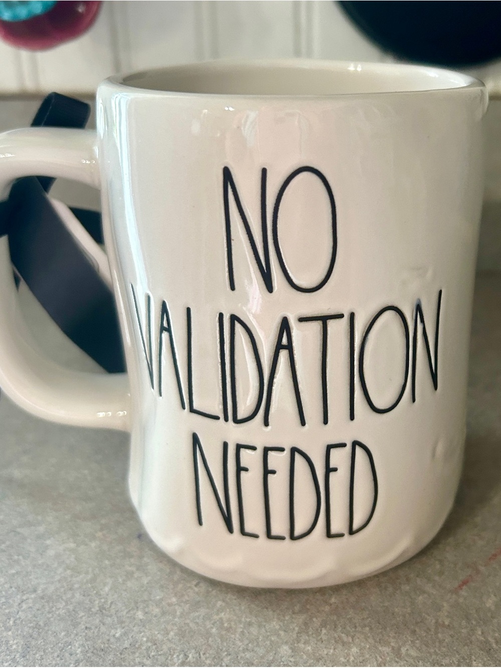 Rae Dunn White Ceramic Mug with Black Lettering - "No Validation Needed"